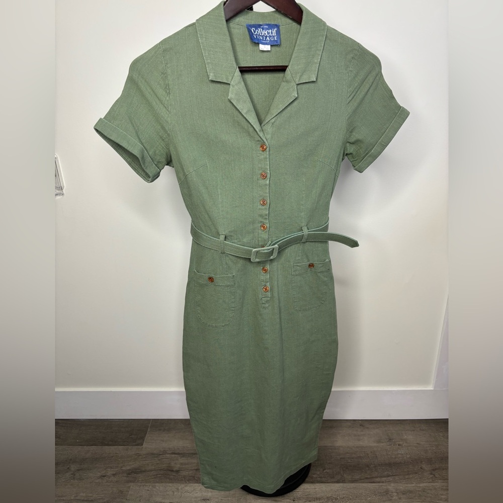 Olive Green Belted Shirt Dress